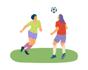 Women play football and throw the ball up to the air, flat vector illustration isolated on white background.