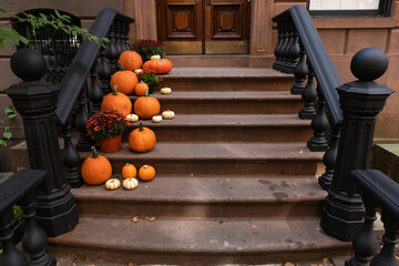 New York City Brownstone Home Decorated with Pumpkins on the Stairs during Autumn