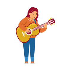 Obraz premium Child girl playing guitar and singing, flat vector illustration isolated.