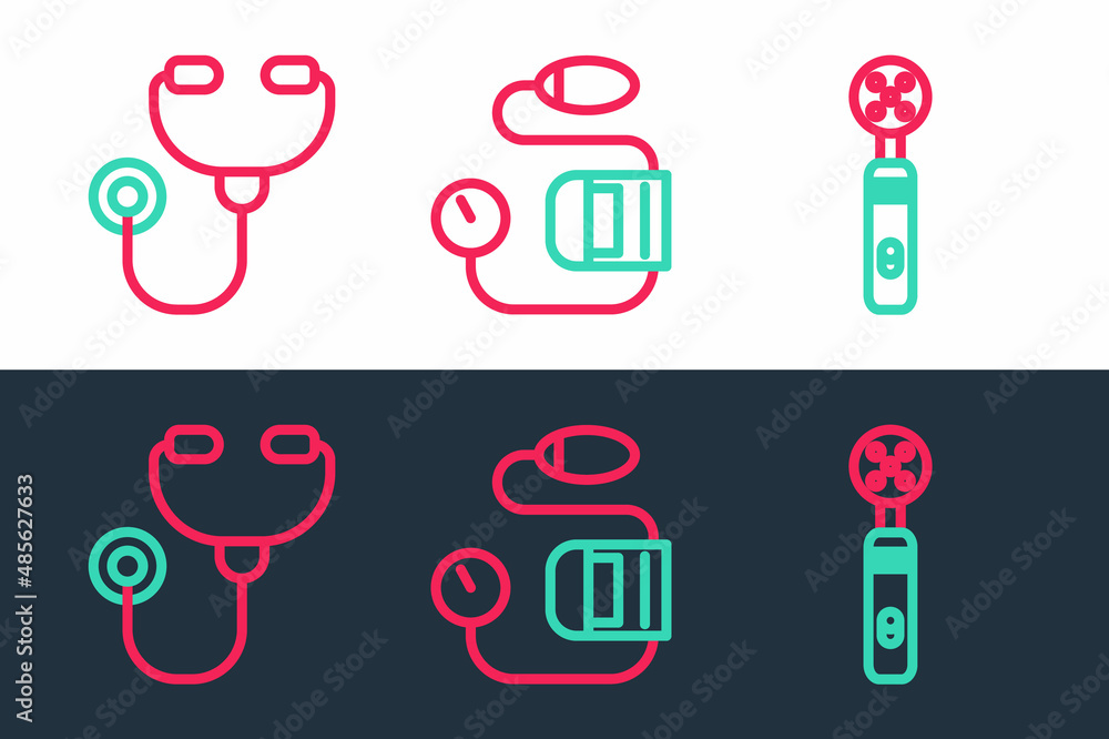 Sticker set line electric toothbrush, stethoscope and blood pressure icon. vector