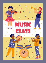 Children music class cartoon vector poster. Black and white boys learning how to play violin, trumpet and flute.