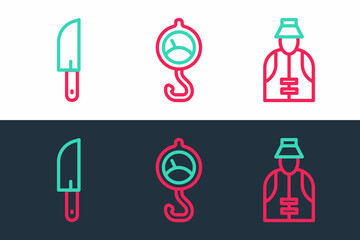 Set line Fisherman, Knife and Spring scale icon. Vector