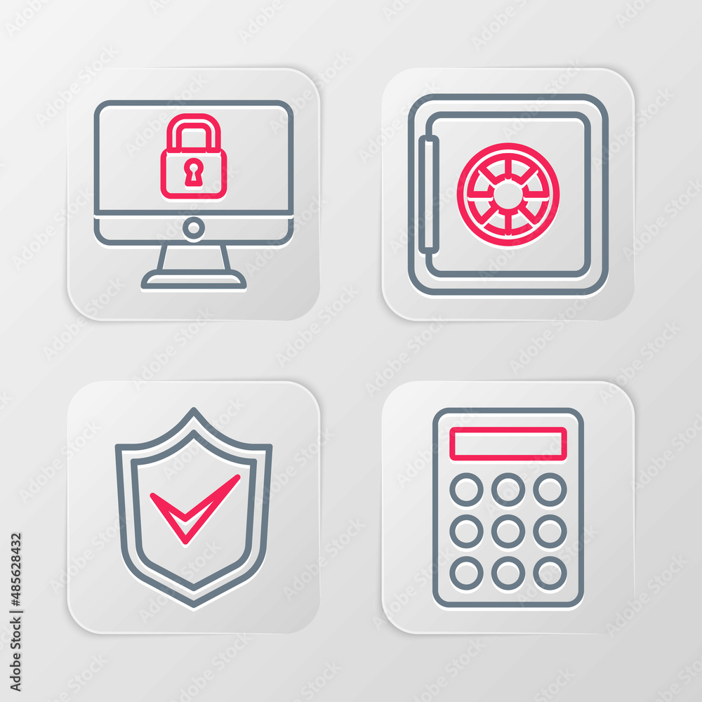 Poster set line password protection, shield with check mark, safe and lock computer monitor icon. vector