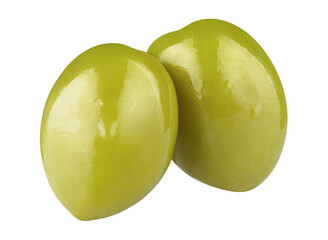 Two juicy olives close-up, isolated on white background