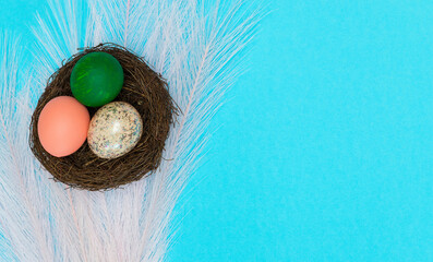 Happy Easter. Flatley. Banner. Colorful eggs in a nest on a blue background. Horizontally. From above.