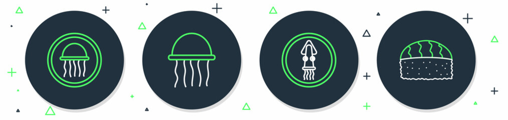 Set line Jellyfish, Octopus on a plate, and Sushi icon. Vector