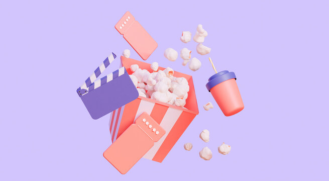 Popcorn with a drink and movie tickets for a movie show. 3D render