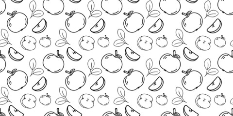 Apple whole and slices, beautiful vector seamless pattern. Fruit, suitable for wallpapers, web page food backgrounds, surface textures, textiles. Doodle or hand drawn cartoon style.