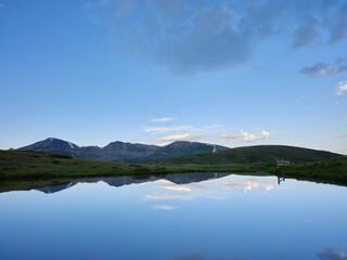 Calm pond or lake with reflections of mountains at the top of the Rocky Mountains on the Continental Divide at 12,095 feet