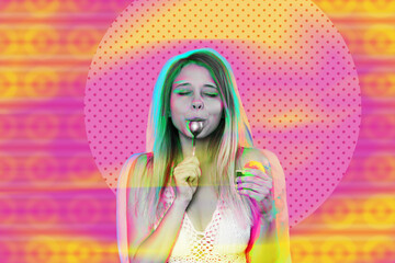 A young blonde woman with her eyes closed enjoys the taste of sorbet, licking a spoon and holding a cream bowl with ice cream on abstract pink yellow color background. Trendy collage in magazine style