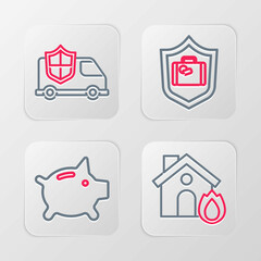 Set line Fire in burning house, Piggy bank, Travel suitcase with shield and Car icon. Vector