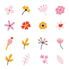 Colorful set of flowers and leaves design elements in retro style. Flower clipart collection. Spring blossom scrapbooking graphic vector illustration with texture