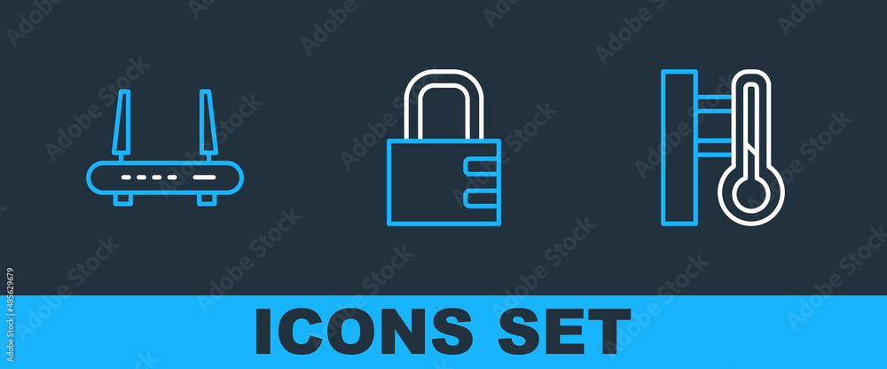 Poster Set line Meteorology thermometer, Router and wi-fi signal and Safe combination lock icon. Vector