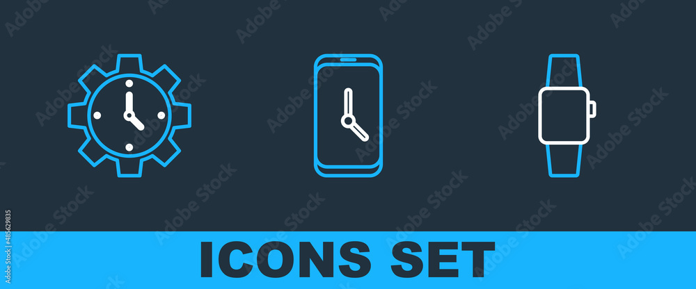 Poster set line smartwatch, time management and alarm clock app mobile icon. vector