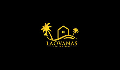 Real estate vector logo design, house with outline, sun, coconut tree, beach, unique logo