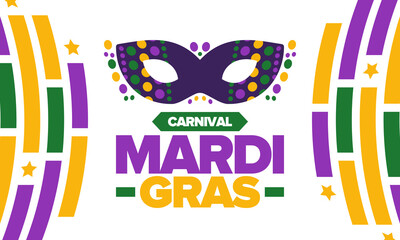 Mardi Gras Carnival in New Orleans. Fat Tuesday. Traditional folk festival with parade and celebration. Annual holiday. Costume masquerade, fun party. Carnival mask. Poster, card, banner. Vector