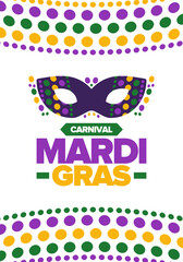 Mardi Gras Carnival in New Orleans. Fat Tuesday. Traditional folk festival with parade and celebration. Annual holiday. Costume masquerade, fun party. Carnival mask. Poster, card, banner. Vector