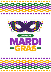 Mardi Gras Carnival in New Orleans. Fat Tuesday. Traditional folk festival with parade and celebration. Annual holiday. Costume masquerade, fun party. Carnival mask. Poster, card, banner. Vector