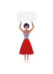 Full length woman protesting with a banner. Isolated. Flat style. Vector illustration.