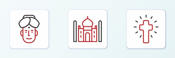 Set line Christian cross, Indian man and Taj Mahal icon. Vector