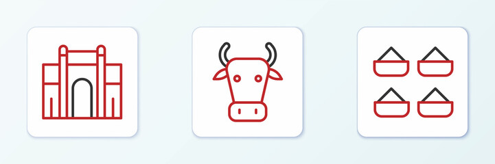 Set line Indian spice, Gate in Delhi and Cow icon. Vector