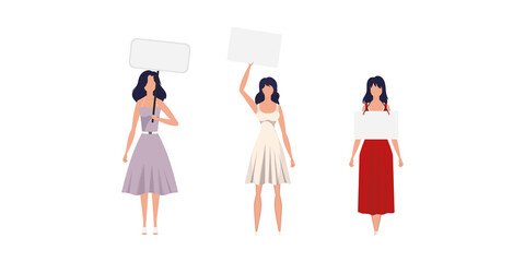 A set of Full Body Girls protest with a banner. Isolated. Flat style. Vector.