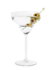 Martini cocktail with olives on white background
