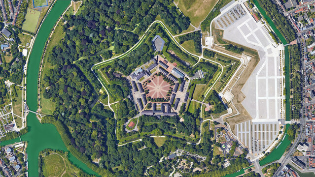 Citadel of Lille, star shaped castle, looking down aerial view from above – Bird’s eye view Lille castle, France