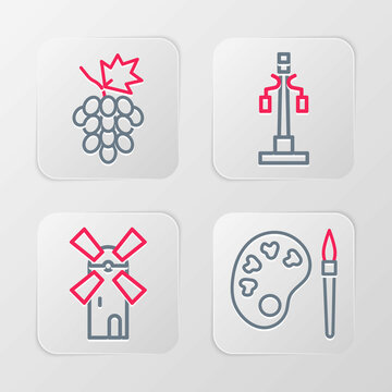 Set line Paint brush with palette, Windmill, Street light and Grape fruit icon. Vector