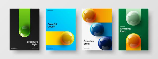 Bright pamphlet A4 vector design illustration set. Colorful 3D balls company cover layout collection.