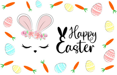 Postcard template easter banner with easter eggs, bunny ears and decorations on white background, vector illustration