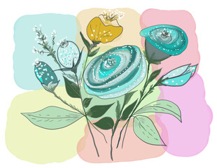 Painted flowers on a coloured background. Blue roses. Bouquet with blue and yellow flowers.