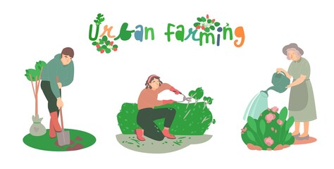 Fototapeta premium Happy farming, gardening. Watering plants, planting flowers, working in garden.
