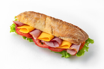 Sandwich from a wheat bun with bacon, cheese and salad. Isolated on white background. Fast food for take and go cafe