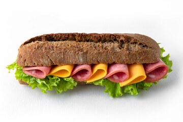 Sandwich from rye bread with bacon, cheese and salad. Isolated on white background. Fast food for take and go cafe