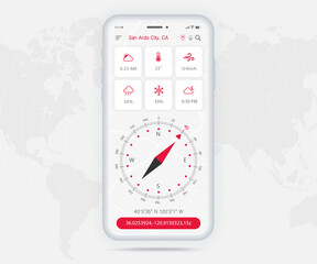 Compass app UI UX GUI concept, Map GPS app on screen  smartphone navigation, Phone interface, application compass for navigator, app map, North West South East navigate technology, Vector illustration