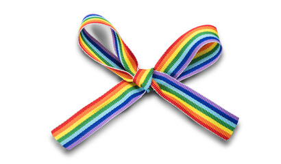 Colorful rainbow ribbon bow. LGBT colourful corner design, isolated on white background. Gay pride design. Ribbon or banner with flag of LGBTQ pride border. Gift
