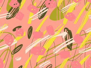 Seamless abstract doodle background pattern in bright summer positive colors. Hand-drawn abstract pattern with randomly arranged spots and dots and lines. Pencil and paint texture.