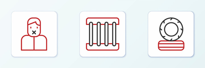 Set line Lying burning tires, Censor and freedom of speech and Prison window icon. Vector