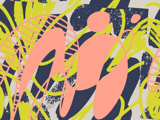 Seamless abstract doodle background pattern in bright summer positive colors. Hand-drawn abstract pattern with randomly arranged spots and dots and lines. Pencil and paint texture.