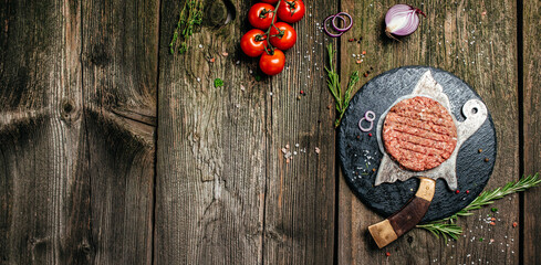 hamburger patties, minced meat for burger, beef lamb meat Burger steak, banner, menu, recipe place for text, top view
