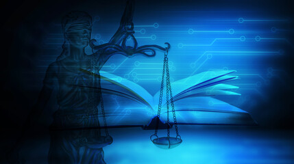statue of justice and book on the background of microcircuits