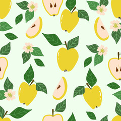 Seamless pattern with yellow apples, green leaves and flowers on a light background. Vector illustration, hand-drawn.