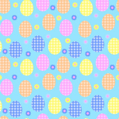 Vector colored easter eggs seamless pattern for Easter holidays on pink background. Patterns, flowers, lines, stars. Vector illustration. EPS 10, doodle style