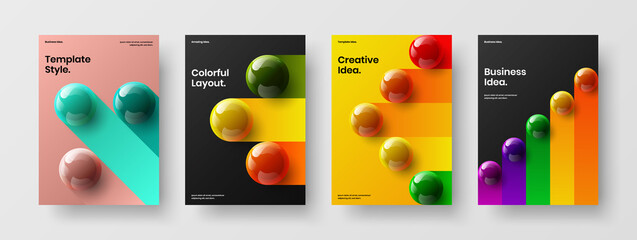 Bright 3D spheres brochure layout bundle. Unique journal cover A4 vector design concept composition.