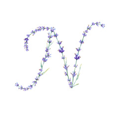 Floral Letter N. Watercolor hand drawn alphabet letter with botanical illustration of lavender flowers, leaves and branch. Initial letter for logo, greeting cards, invitations