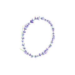 Floral Letter O. Watercolor hand drawn alphabet letter with botanical illustration of lavender flowers, leaves and branch. Initial letter for logo, greeting cards, invitations