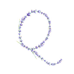 Floral Letter Q. Watercolor hand drawn alphabet letter with botanical illustration of lavender flowers, leaves and branch. Initial letter for logo, greeting cards, invitations