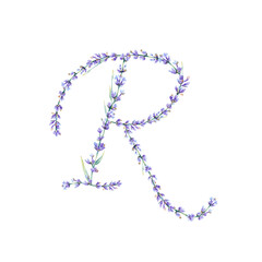 Floral Letter R. Watercolor hand drawn alphabet letter with botanical illustration of lavender flowers, leaves and branch. Initial letter for logo, greeting cards, invitations