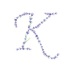 Floral Letter K. Watercolor hand drawn alphabet letter with botanical illustration of lavender flowers, leaves and branch. Initial letter for logo, greeting cards, invitations